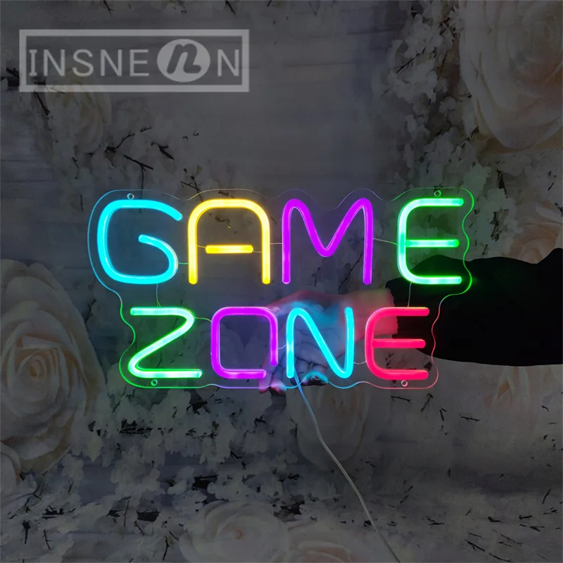 Game Zone Neon Sign Light Gaming Room Wall Decor for Bedroom Party Man Cave USB Power with Hanging Line Neon Signs Gamer Neons
