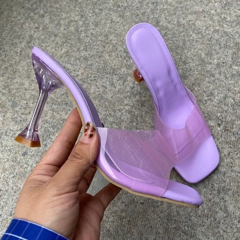 Fashion Transparent Crystal High Heel Slippers for Women Summer New High Heels Female Mules Slides Thin Heels Slippers Women