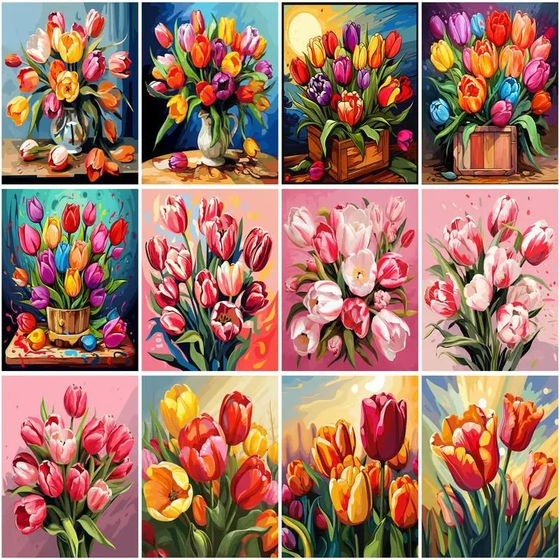 CHENISTORY immagini fai da te per numero k di tulipani colorati ptura con i numeri disegno di fiori su tela dipinto a mano regalo d'arte casa Dec  15