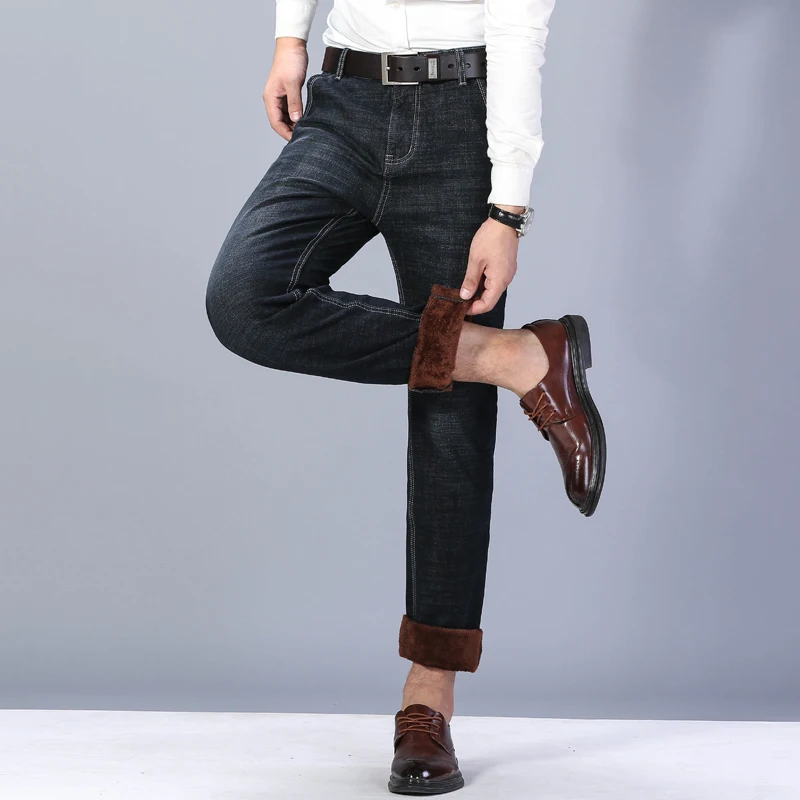 Witner Slim Fit Stretch Thick Velvet Pants Warm Jeans Casual Grey Fleece Winter Jeans Men Black Elasticity Grey Jean