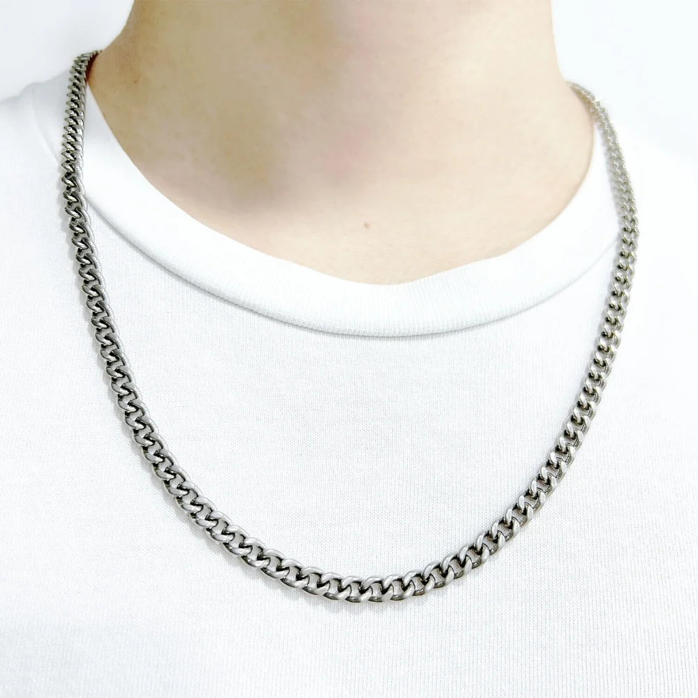 Ultra Light 5.5mm TA1 Pure Titanium Cuban Link Chain Men Necklace Anti-allergy Solid Titanium Necklace for Women