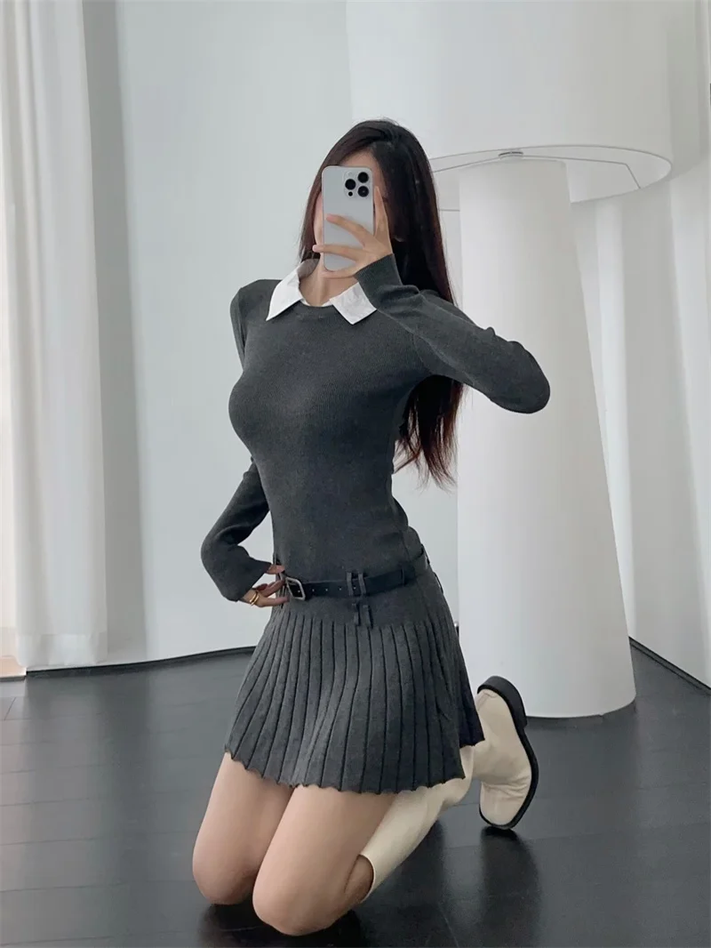 Korean Fashion Knitted Short Dresses for Women Autumn New Patchwork Long Sleeve Pleated A-line Y2K Sexy Party Dress with Belt
