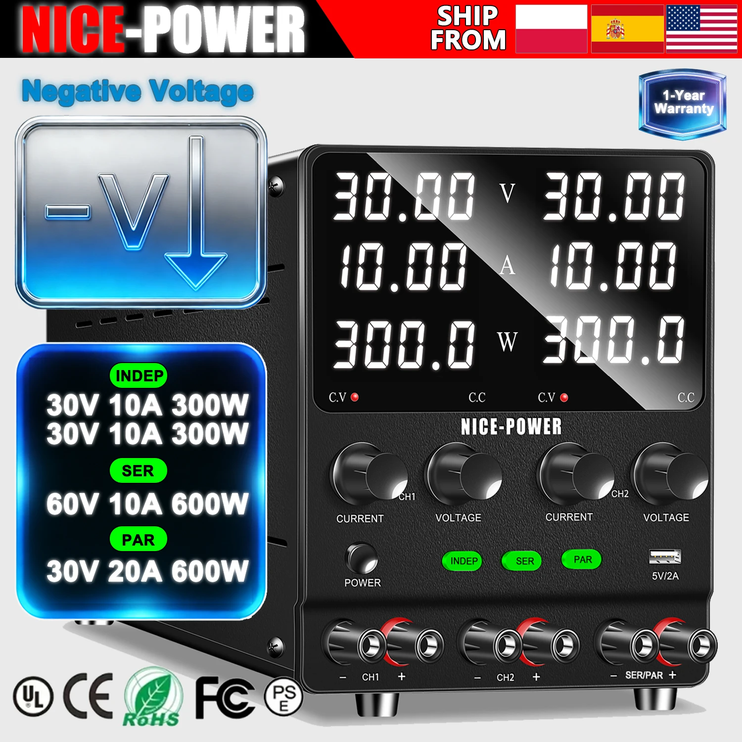 NICE-POWER Multi-channel DC Power Supply Variable 0-240V 0-20A Bench Power Supply, Dual Independent Output, Series and Parallel