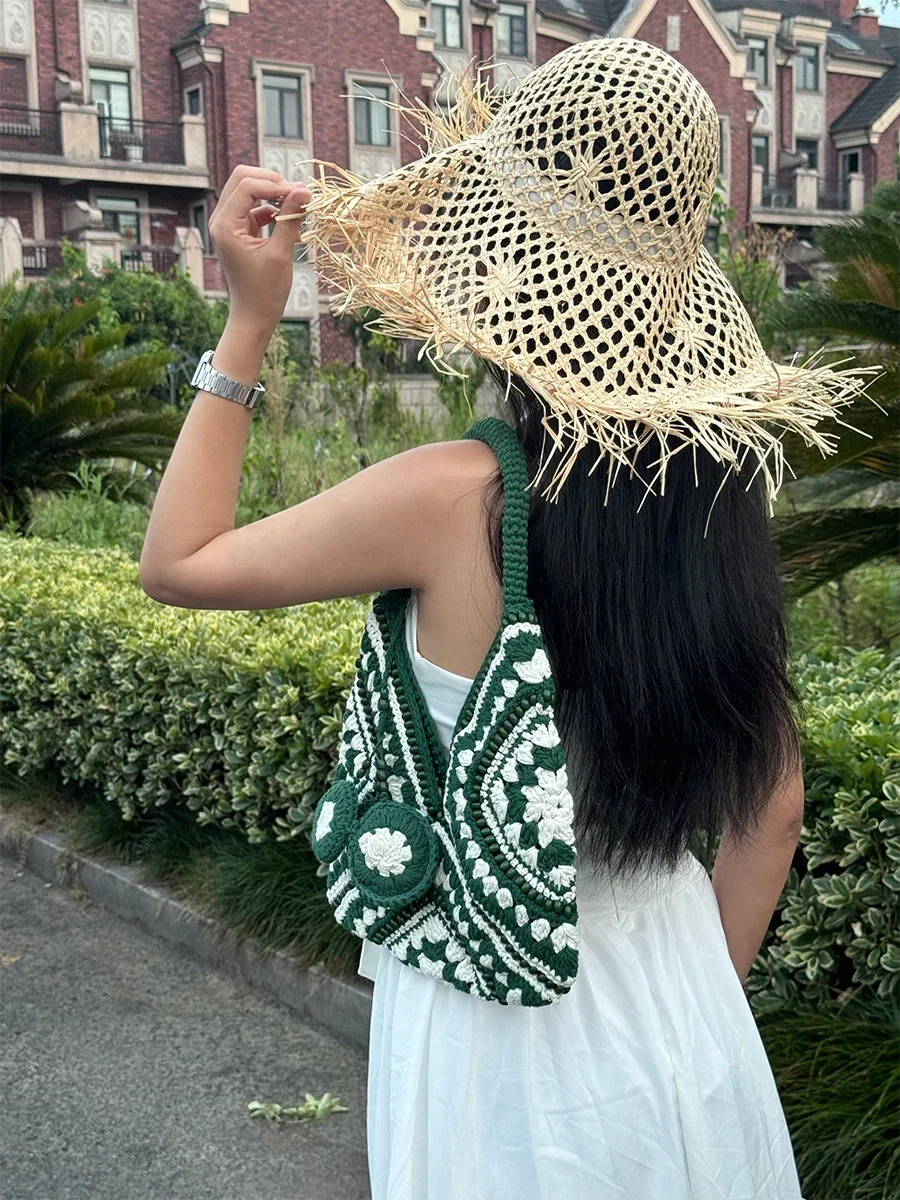 Bohemian Crochet Woven Bags for Women Handmade Knitted Shoulder Bag Summer Travel Designer Handbags Vacation Beach Bags Shopper