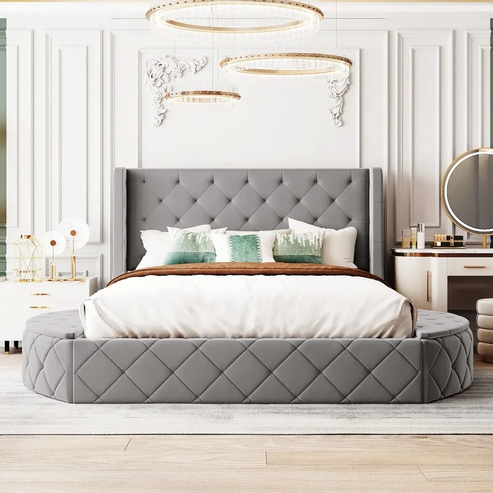 Queen Size Velvet Platform Bed Frame Storage,Upholstered Tufted Bed Frame Wingback Headboard1Big Drawer and2Side Storage Stool 6