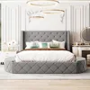Queen Size Velvet Platform Bed Frame Storage,Upholstered Tufted Bed Frame Wingback Headboard1Big Drawer and2Side Storage Stool 6