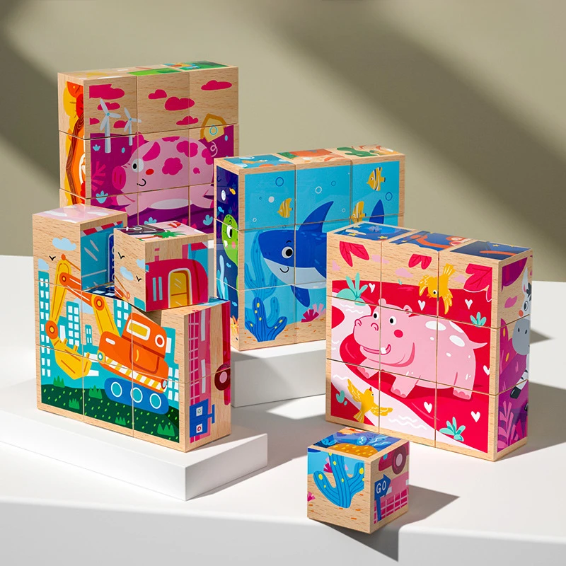 

Two sets of children's three-dimensional puzzle toys with 9 pieces of wooden six sided paintings and building blocks