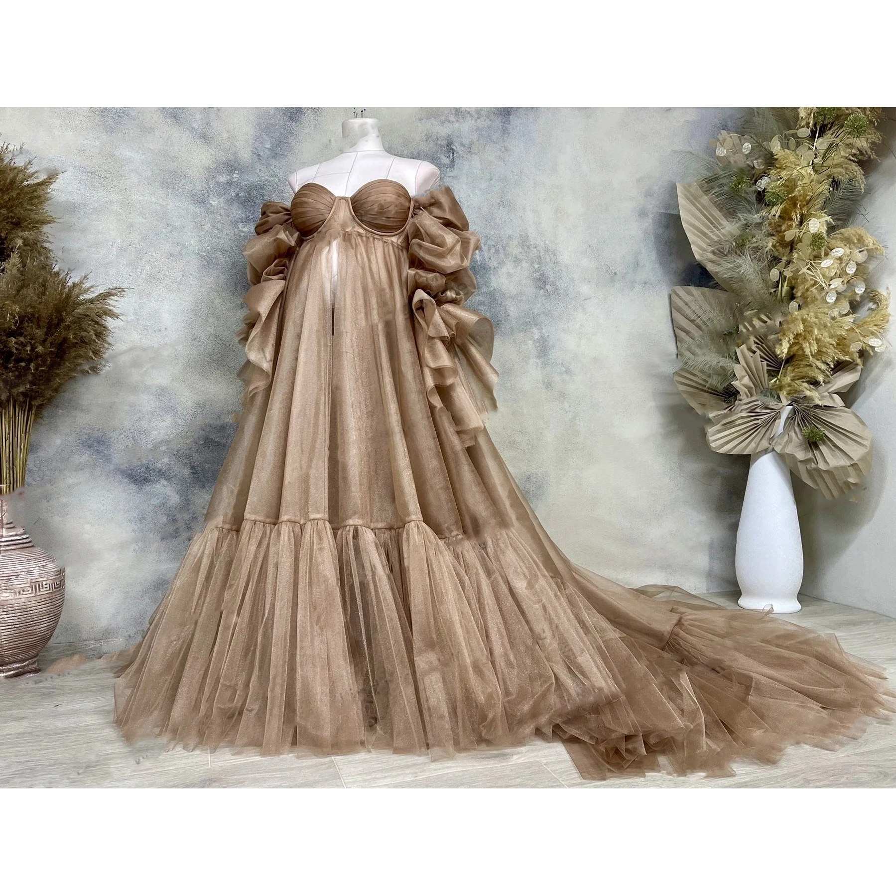 

Real Extra Puffy Tulle Pregnancy Dress for Photo Shoot Off Shoulder Sweetheart Ruffle Mesh Maternity Dress Baby Shower Champagne