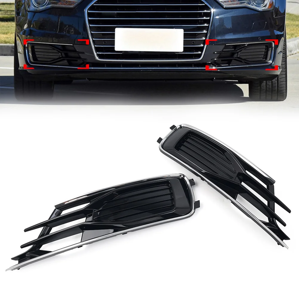 

2Pcs Black Car Front Lower Bumper Grille Fog Light Grill Cover With Chrome Trim For Audi A6 C7 2014 2015 2016 2017 2018