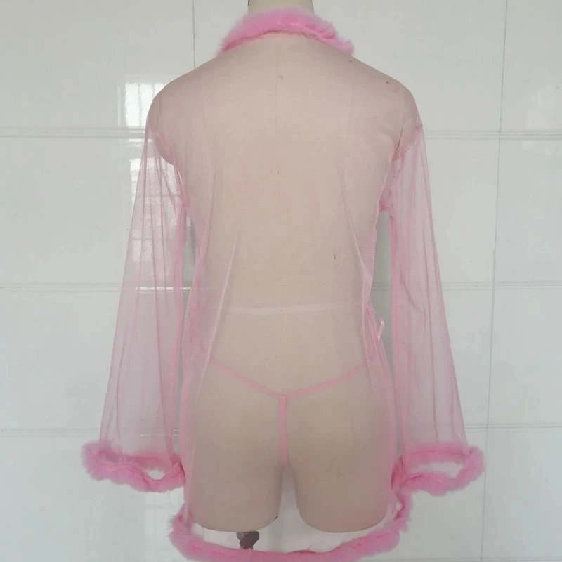 Women Sexy Lingerie Mesh Sheer See Through Sleepwear Robe 3pcs Fur Erotical Set Costume Night Gown Erotic With Briefs Belt
