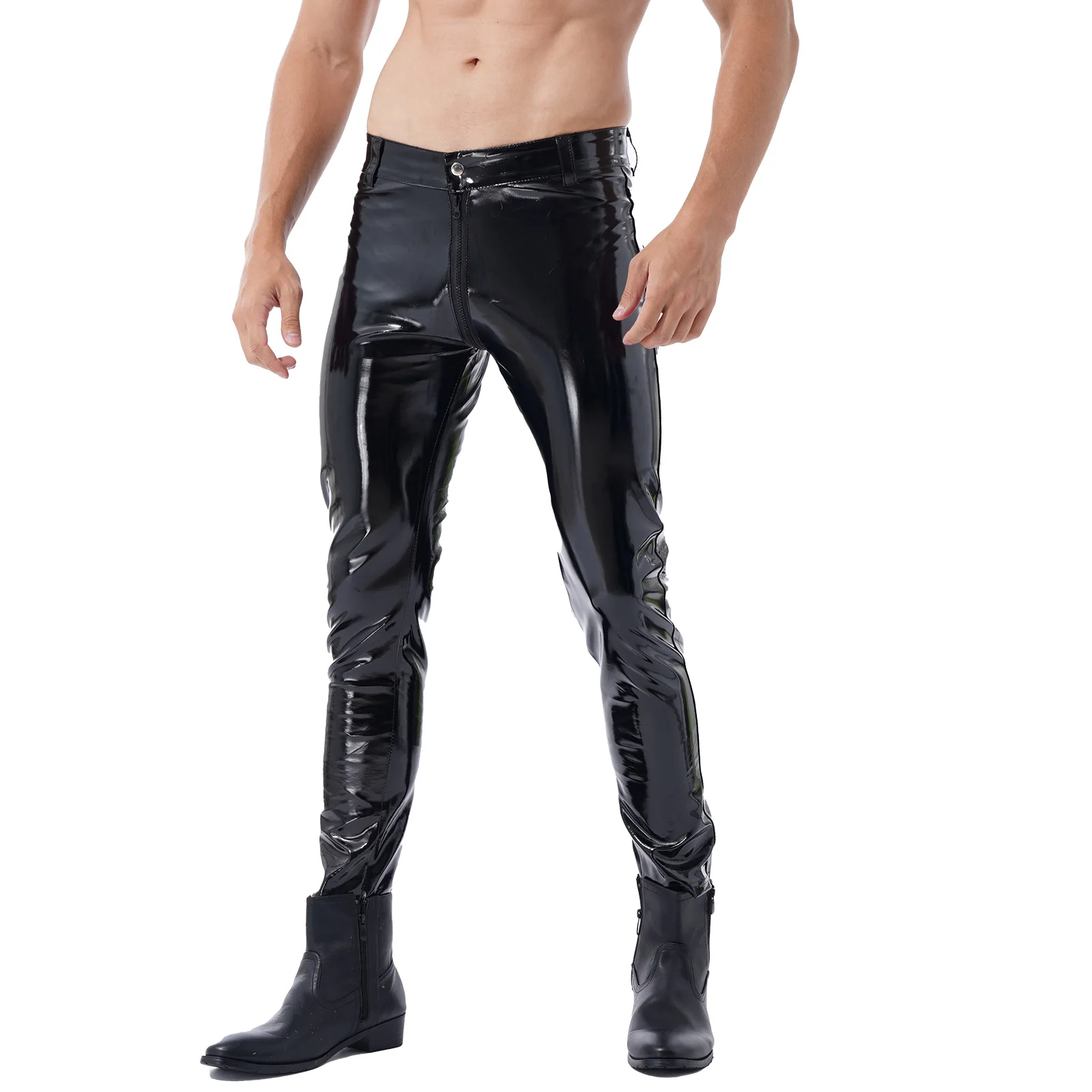 Mens Lingerie Crotchless Pants Patent Leather Zipper Nightclub Bar Stage Performance Costumes Wet Look Open Crotch Sexy Trousers