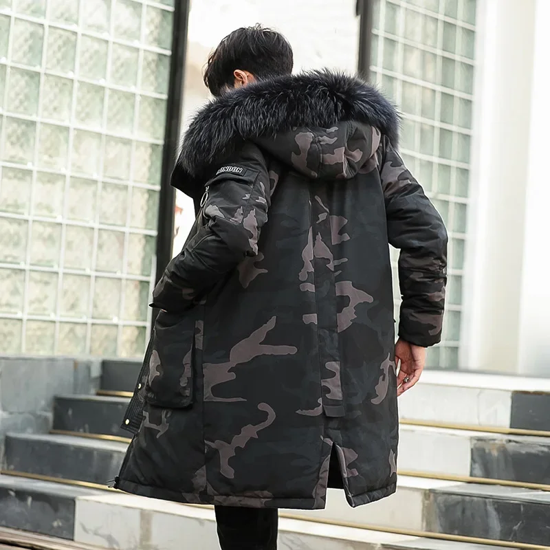 Men Down Jacket Winter Thick Warm Down Coats White Duck Real Raccoon Fur Parka Winter Long Men Coats Overcoat Outwear
