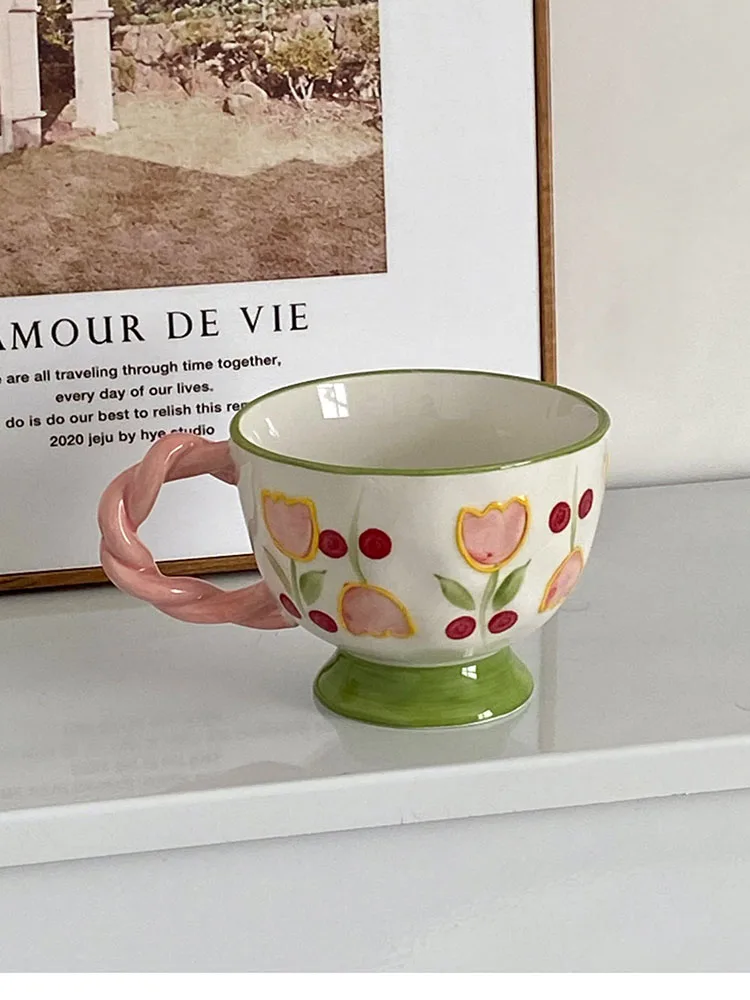 

Ceramic Coffee Breakfast Mug Originality Tulip Hemp Rope Handle Milk 머그컵 Oatmeal Heat Resistant Office Home Drinkware Tool