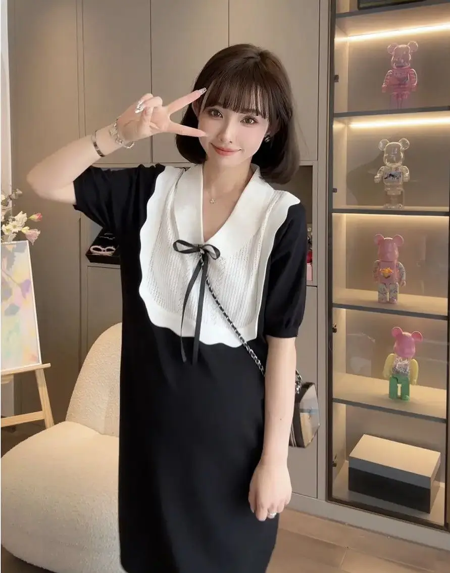 

2024 Summer Maternity Color Blocking Short Sleeve V-neck Fashion Dress Preppy Style Black White Pregnant Woman Straight Dresses