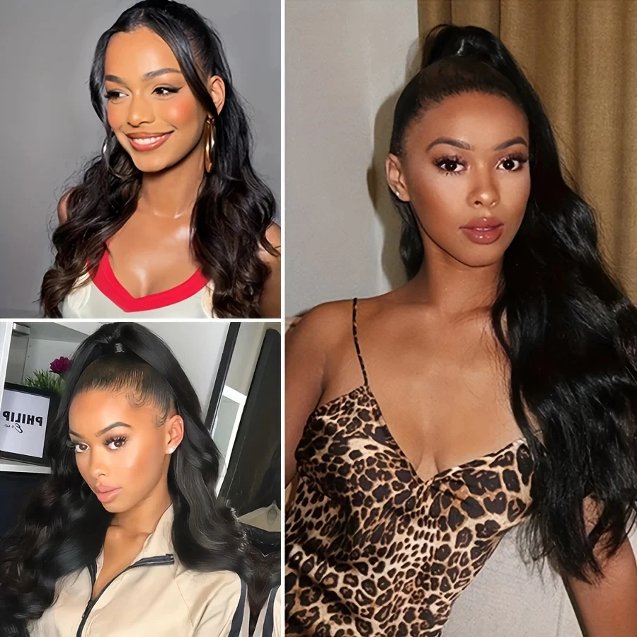 바디 웨이브 랩 어라운드 포니테일 인모 헤어 익스텐션 100% 리얼 버진 생인모 브라질리언 클립인 여성용 내추럴 블랙