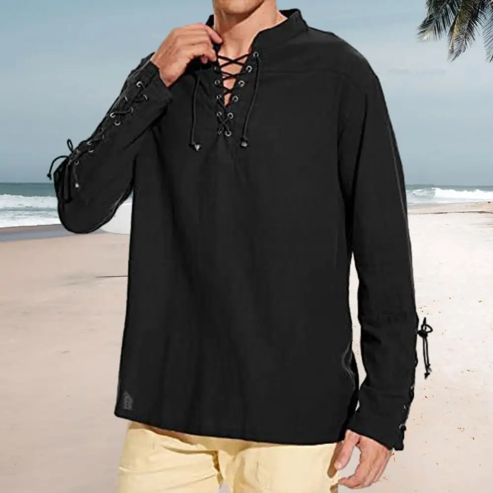 

Versatile Men Top Vintage-inspired Men's Lace-up Stand Collar Shirts with Bandage Cuffs Loose Fit Solid Color Punk for Casual