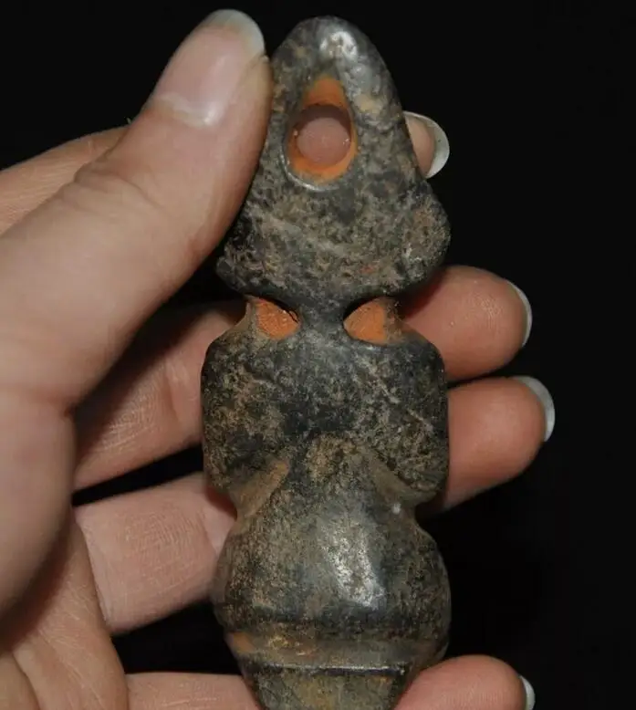 Old China Hongshan culture Old black jade carved kneel Sun God Helios Statue 5