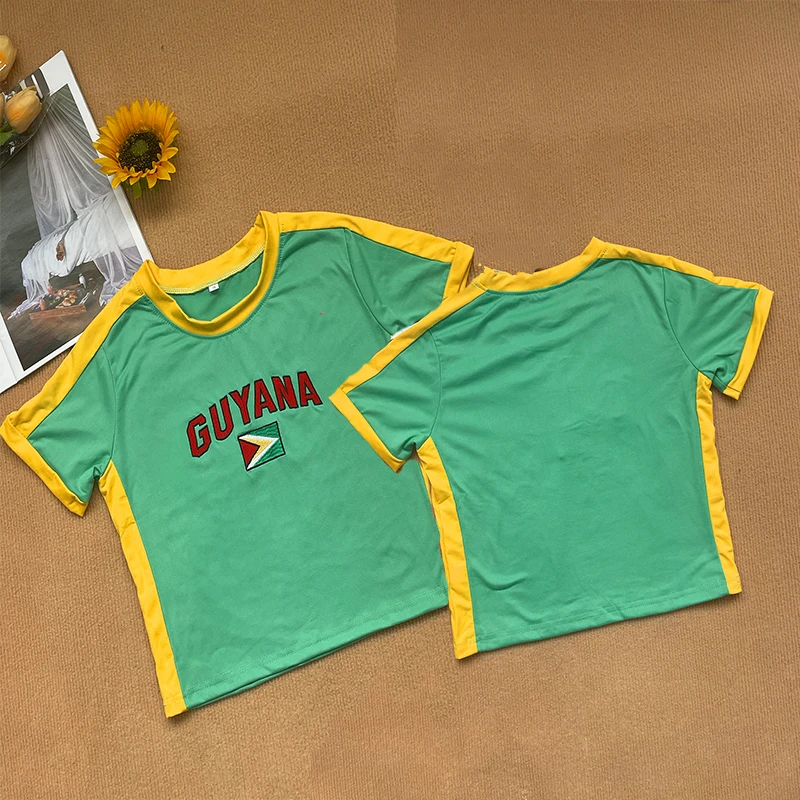 Women Gothic Vintage O Neck Slim Crop Tops Short Sleeve T-Shirt For Summer Y2k Streetwear GUYANA Letter Print Sporty Baby TShirt 2