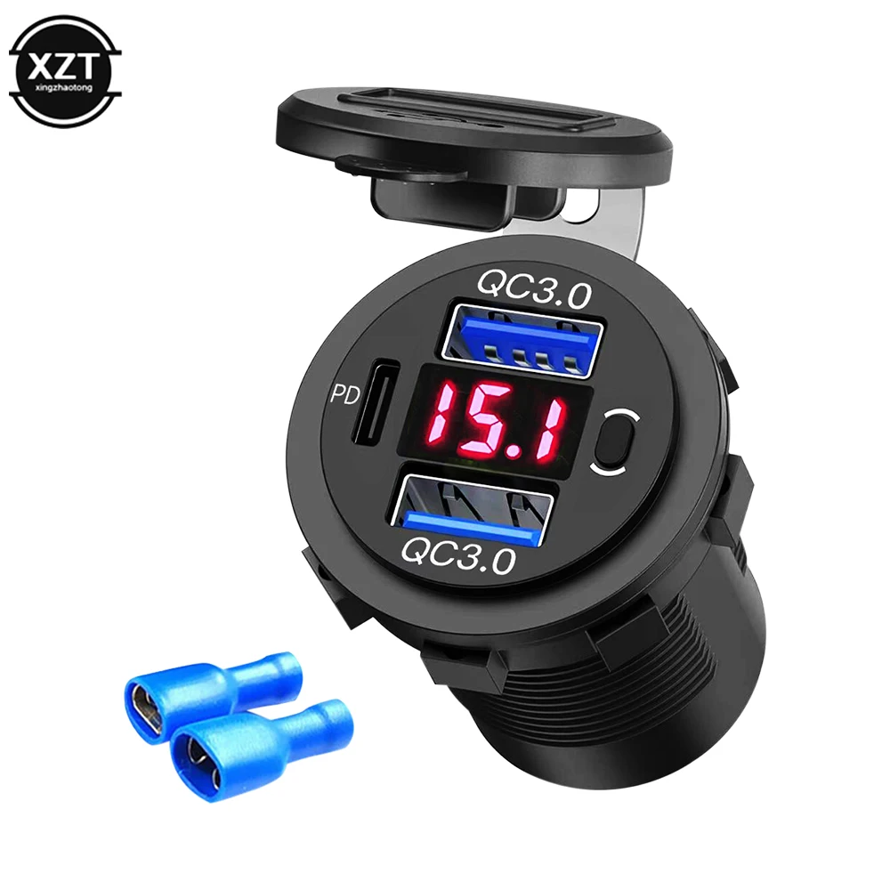 High-Power Dual USB Charger with Digital Voltmeter and Waterproof Socket