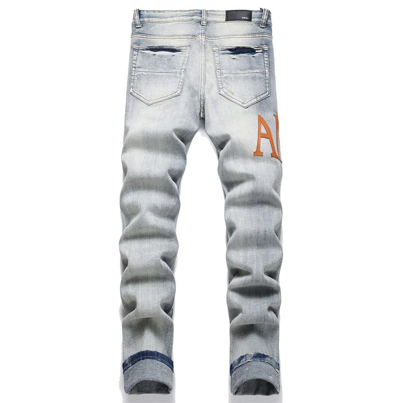 Vintage Blue Ripped Men's Jeans Mid-Waist Stretch Fashion Letter Print Casual Pants Street Trend Wear