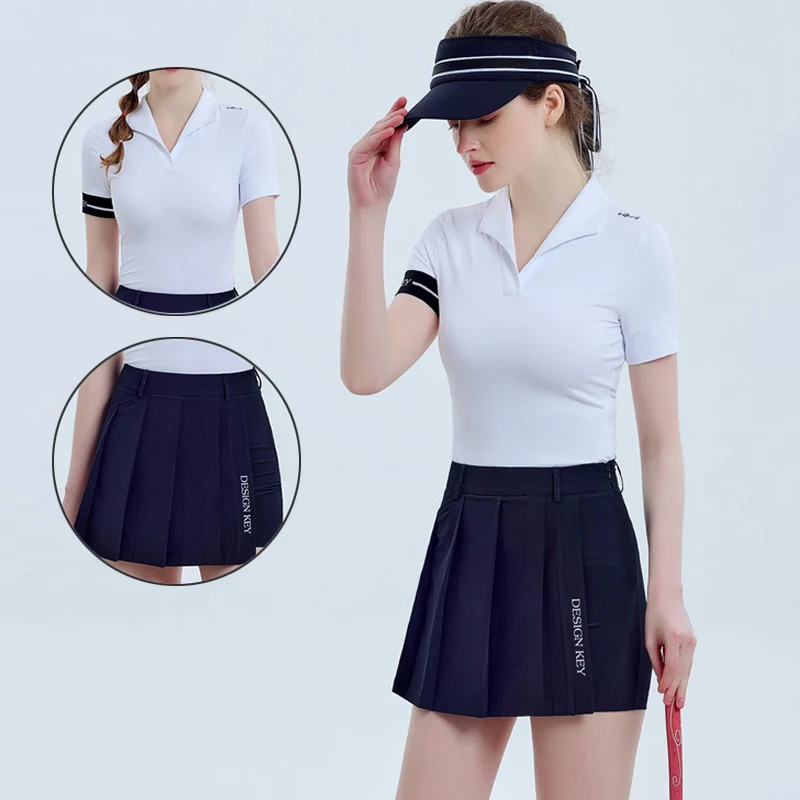

DK Women Fast Dry Slim Golf T-shirt Elastic Anti-sweat Shirt Ladies Breathable Anti-light Golf Skirt Pleated A-line Culottes