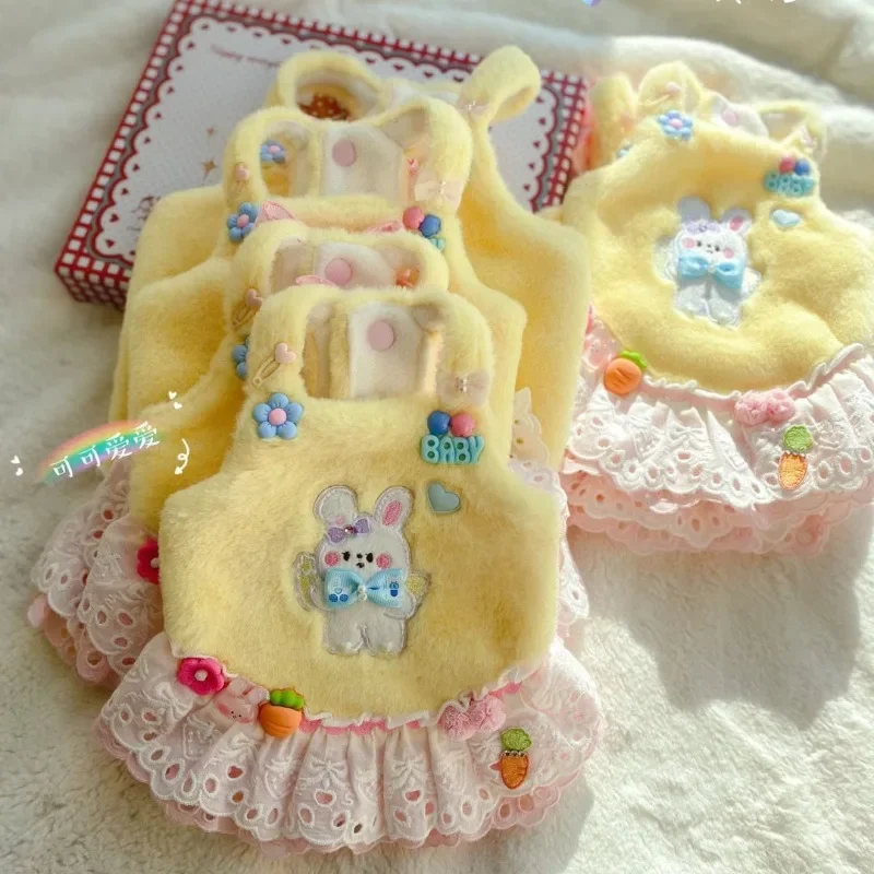 Cute Puppy Cartoon Fleece Princess Dress Pet Dog Clothes Sweet Dog Abbigliamento Termico Elegante Chihuahua Warm Winter Dog Clothing