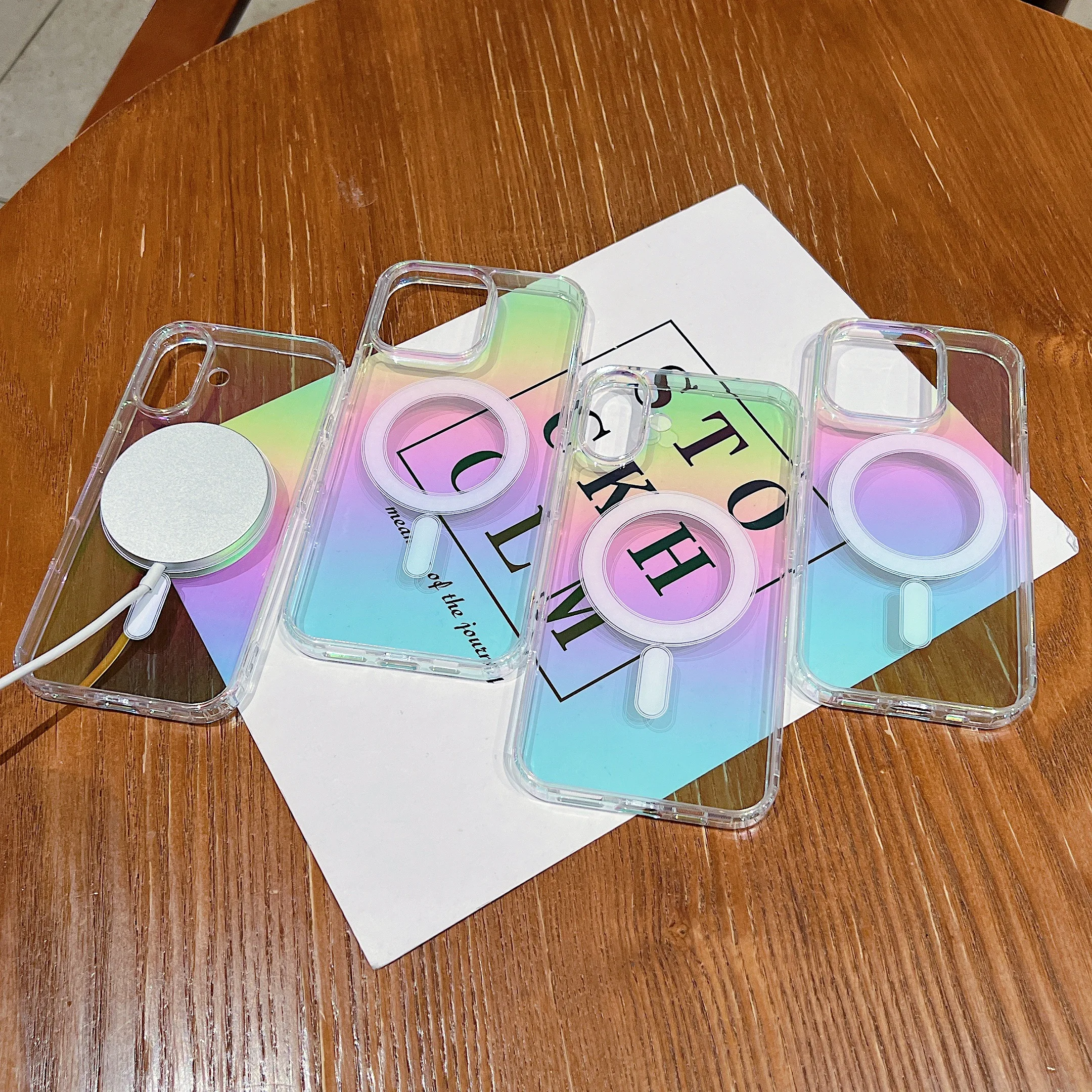 Clear Laser Rainbow Magnetic Phone Case with Wireless Charging Cover
