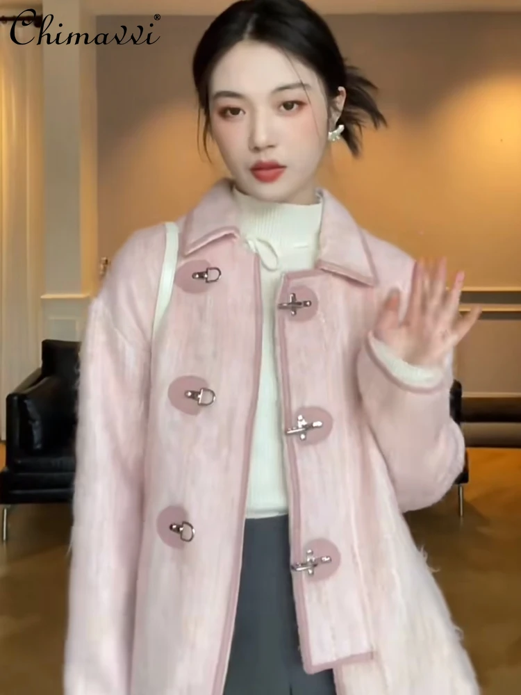 Fashion Sweet Cute Pink Long Woolen Lapel Women's Coat 2023 Autumn Winter French Style New Metal Buckle Cardigan Top