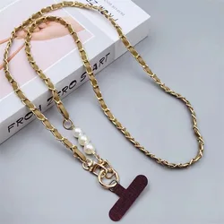 Elegant Women's Leather & Pearl Woven Phone Lanyard with Metal Chain (Khaki)