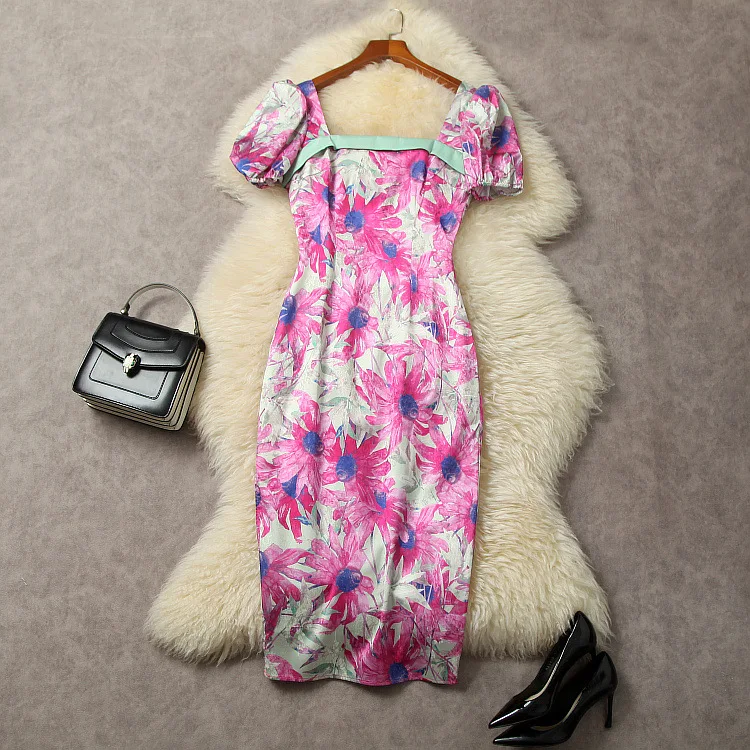 

European and American women's clothing 2023 autumn new Short sleeve square collar floral print fashion Slim dress