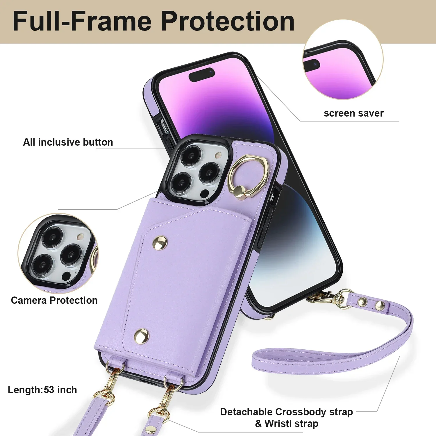 Versatile Leather Phone Case with Crossbody Lanyard, Wrist Strap, and Card Holder