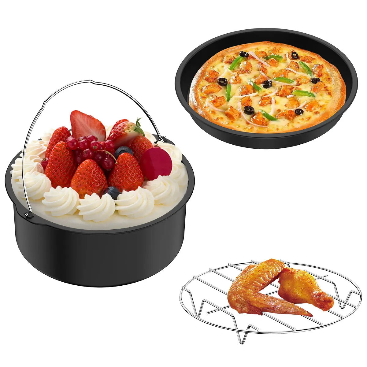 

New 3Pcs Air Fryer Pizza Pan and Cake Barrel with Steam Rack 7 inch Food Grade Steel Air Fryer Pizza Pan Nonstick Coating Air
