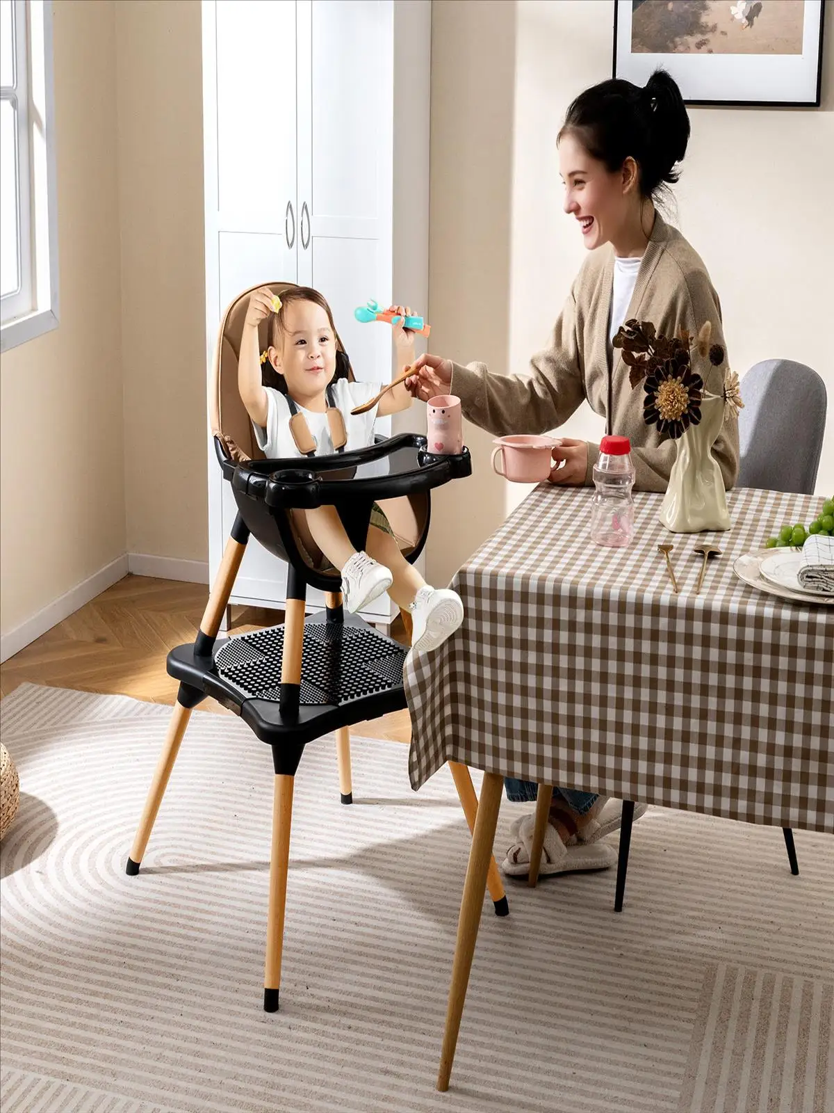 6-in-1 Babyhochstuhl, wandelbar mit Bausteintisch, abnehmbarem Doppeltablett, Babyhochstuhl, Babystuhl – Detail 1
