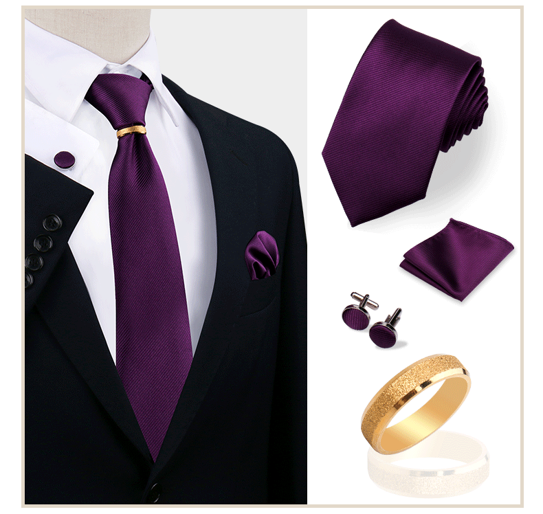 Luxus-Krawattenset in Uni-Farbe für Herren, Krawatte, Taschentuch, Manschettenknöpfe mit goldenem Metallring, Brosche, Anzug, Hochzeit, Herren-Accessoires – Detail 26