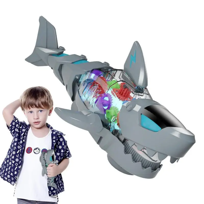 

Mechanical Shark Toy Electric Gear Fish For Kids With Movable Joint Simulation Sound Effects Brilliant Light Sea Creature Toy