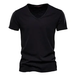 Men's 100% Cotton V-Neck Slim Fit Casual T-Shirt - Size S 50-55kg (F037-V-Black)