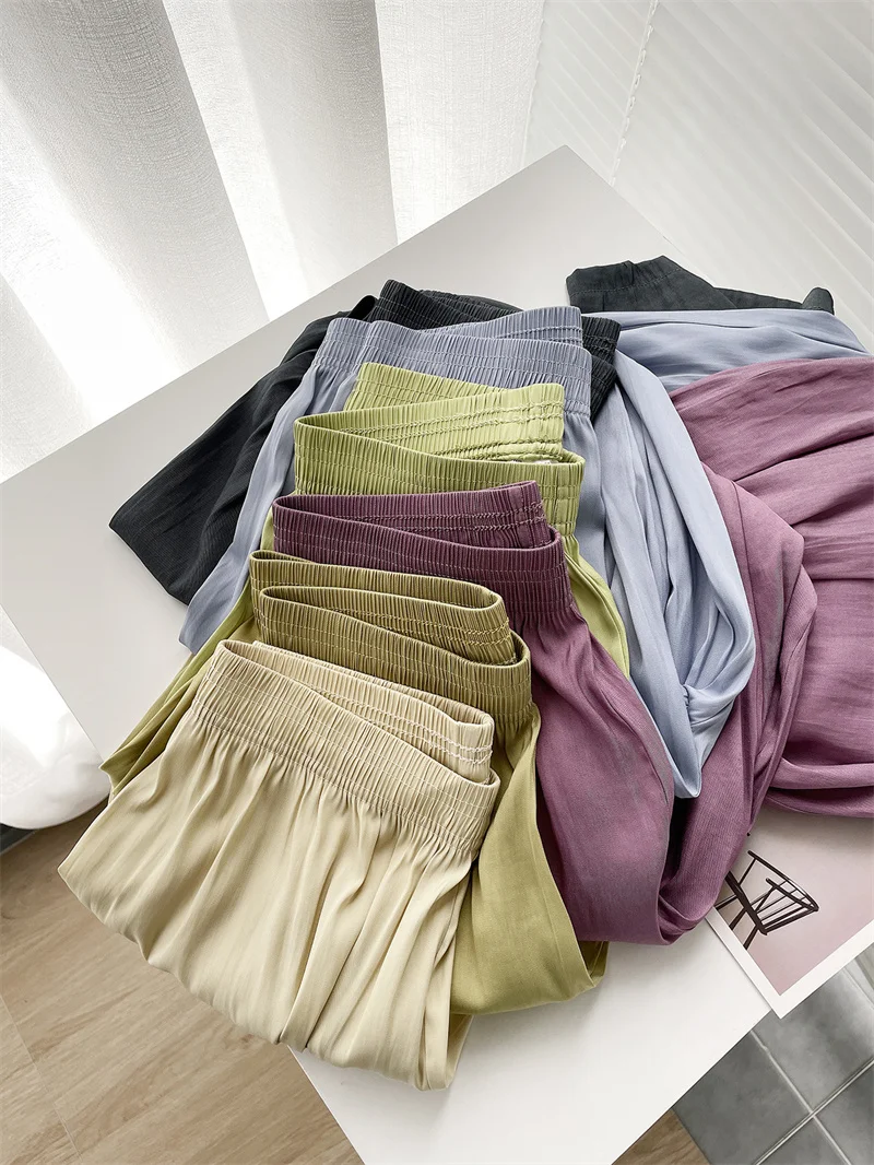 Summer Thin Loose Wide-leg Pants Women's Ice Silk Casual Pants Elegant Elastic Waist Straight Trousers Lady Sport Pants
