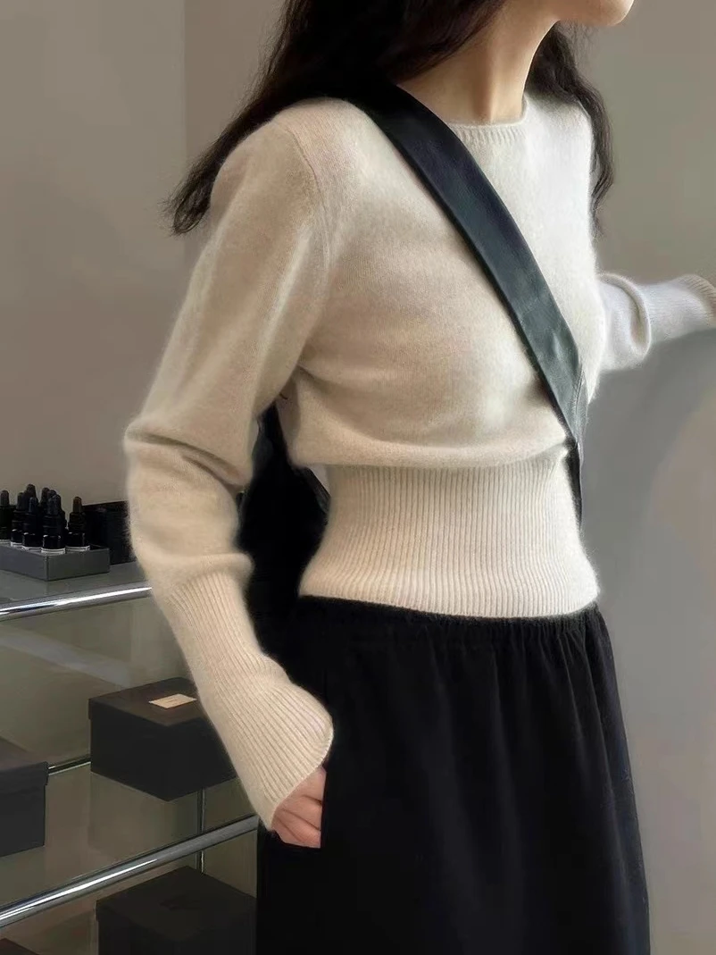 100% pure cashmere sweater knitted bottoming shirt women's new autumn and winter high waist short sweater 1