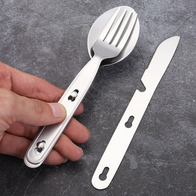 3Pcs Portable Stainless Steel Tableware Fold Knife Fork Spoon Utensil Set Travel Outdoor Dinnerware Camping Cooking Flatware