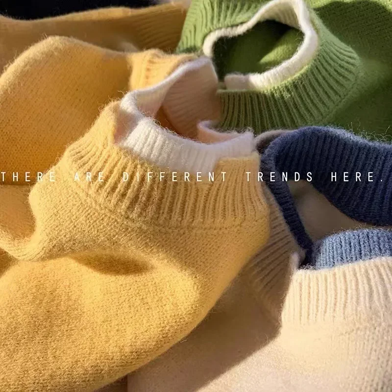 Fake Two Sweaters Men's Trend Winter Loose Fitting Men's Round Neck Knit Sweater Couple Outfit Jacket Men's Bottom Sweater