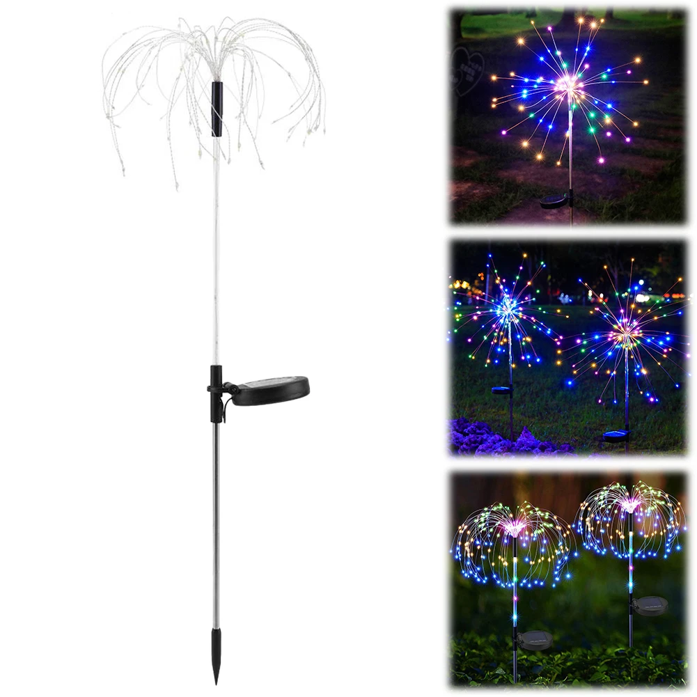 2Pcs Smart Sparklers Firework LED String Light 8 Lighting Modes 200 LED Copper Wire Solar Firework Lights Solar Starburst Lights