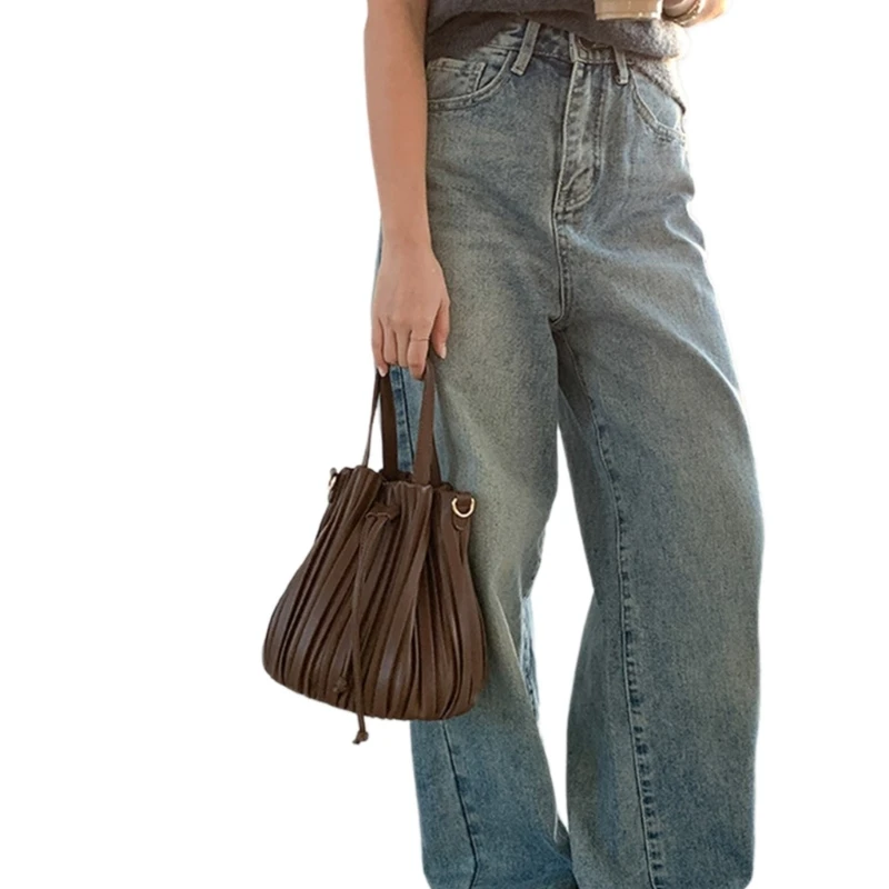 2023 PU Bucket Bag Handbag Crossbody Bag Versatile Pleated Shoulder Bag for Girl Women Large Capacity Vintage Tote Bag