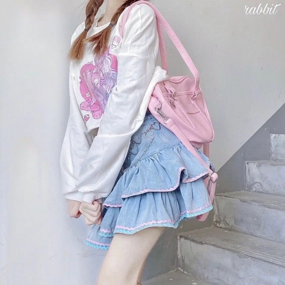 Mini Skirts Sweet Lolita Style Women Harajuku Cute Preppy Style Jk Denim Skirt Japanese Girls Sexy Punk High Waist Tiered Skirt