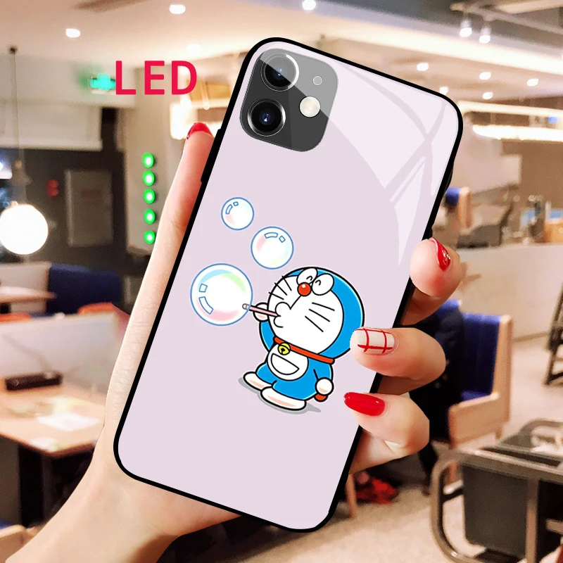 

Светящийся телефонный чехол Doraemon из закаленного стекла для Apple iphone 12, 11 Pro Max, XS mini, защитный чехол со светодиодной подсветкой