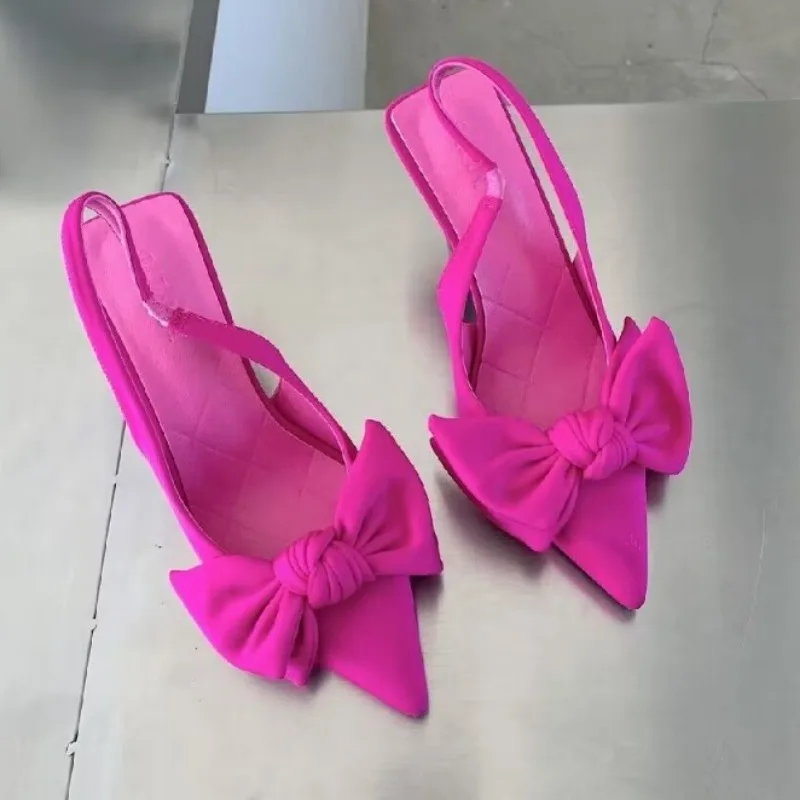 2024 Women's Summer New Elegant Bow Designer Sandals PU Leather Sexy Pointed Toe Party Dress Women's High Heels Large Size