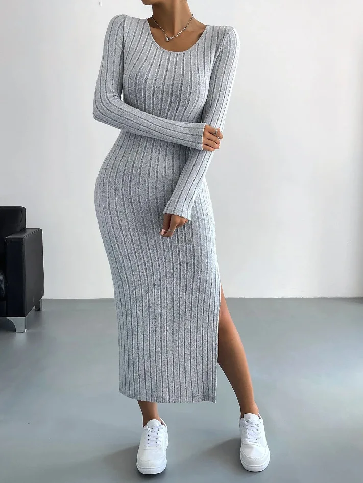 

2023 Autumn and Winter New Long Sleeve Round Neck Split Knit Long Dress Women