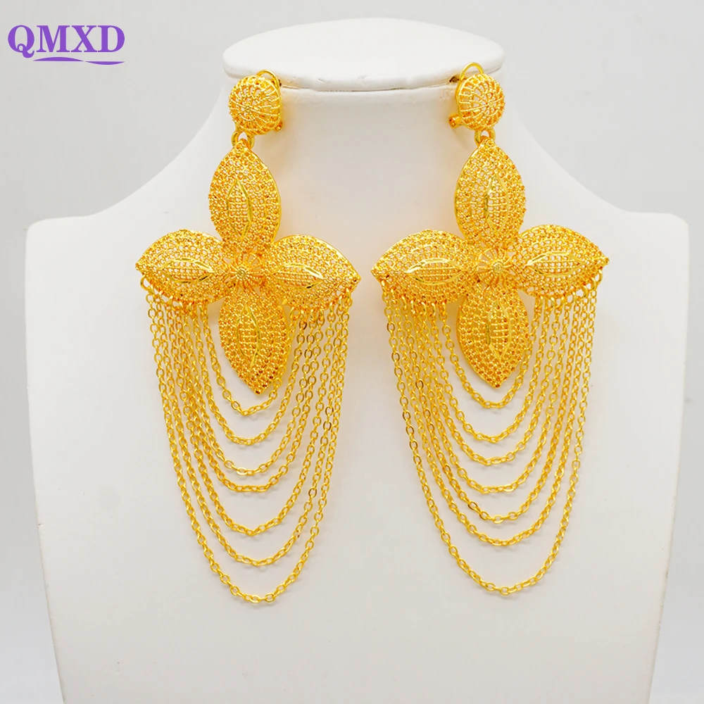 Bohemia Long Tassels Earrings African Dubai Gold Color Drop Earrings For Women Pendant Stud Earrings Wedding Jewellery Gifts
