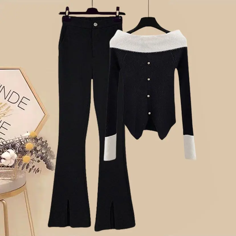 2023 Winter New One Line Neck Long Sleeve Knitted Sweater Casual Wide Leg Pants Two Piece Elegant Women's Pants Set Outfits
