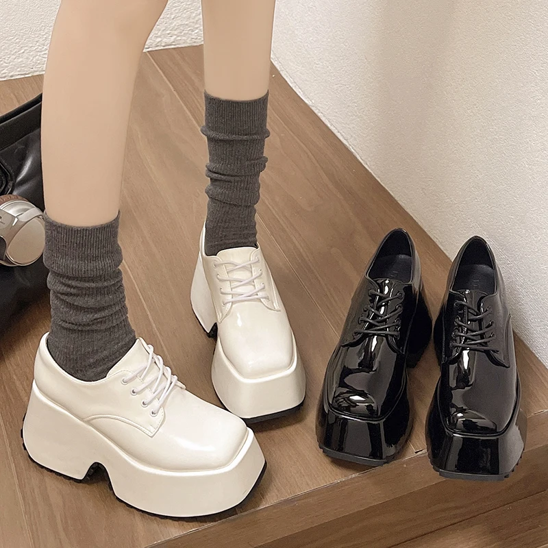

Women's Shoes Platform Autumn Round Toe Casual Female Sneakers Oxfords Modis British Style Flats Clogs Fall Winter New Leather C