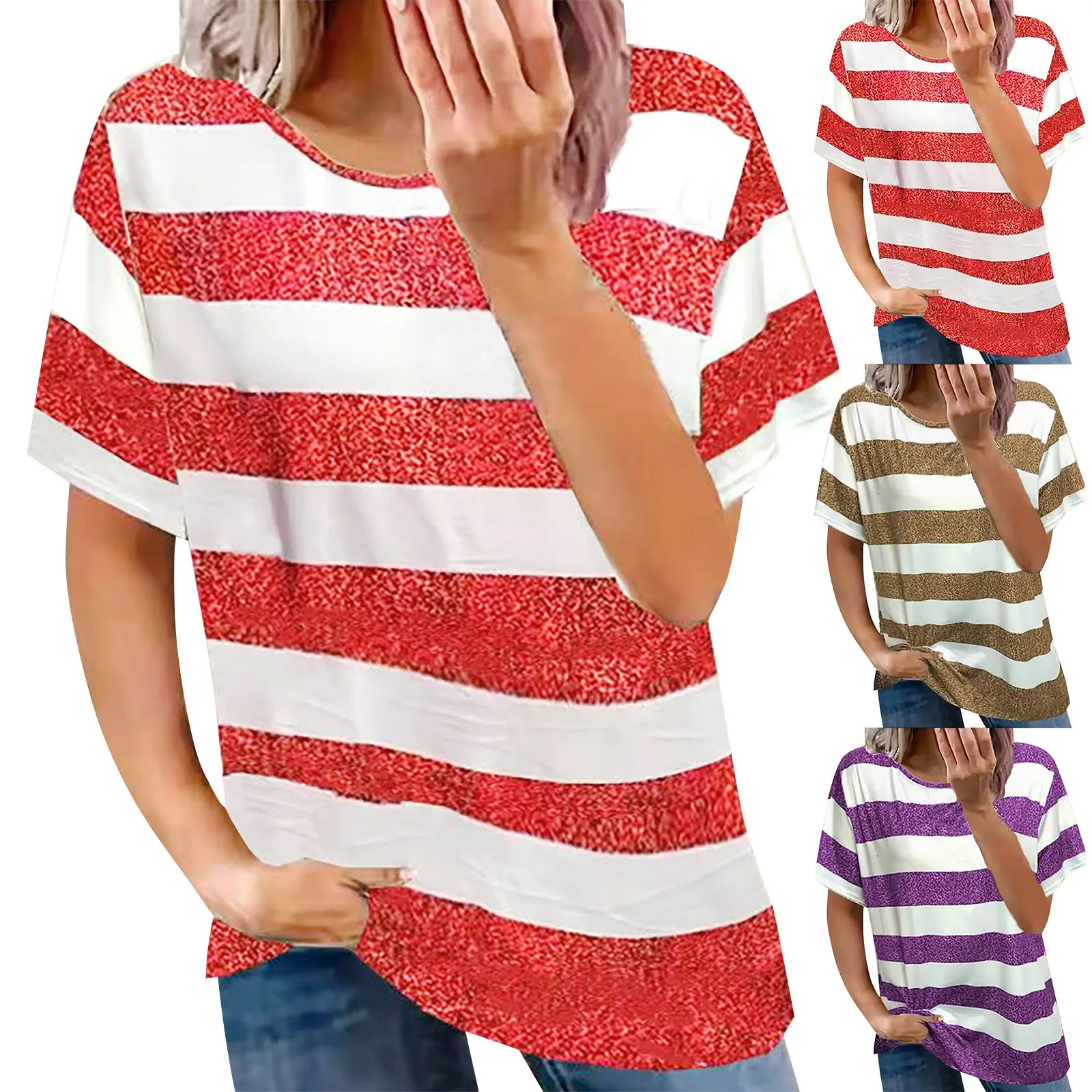 

Striped Printed Oversized Women Blouse Casual Summer Tops For Women's Loose T Shirt Round Neck Short Sleeved Tops Work Pullover